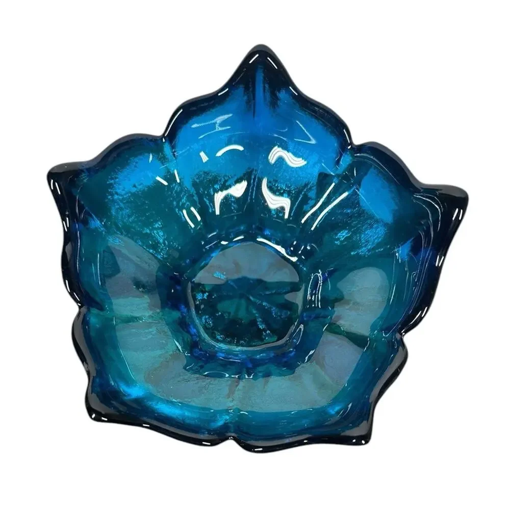 Vintage Blue Glass Lotus Bowl with Carved Wooden Intertwined Tripod Stand India - Picture 5 of 11